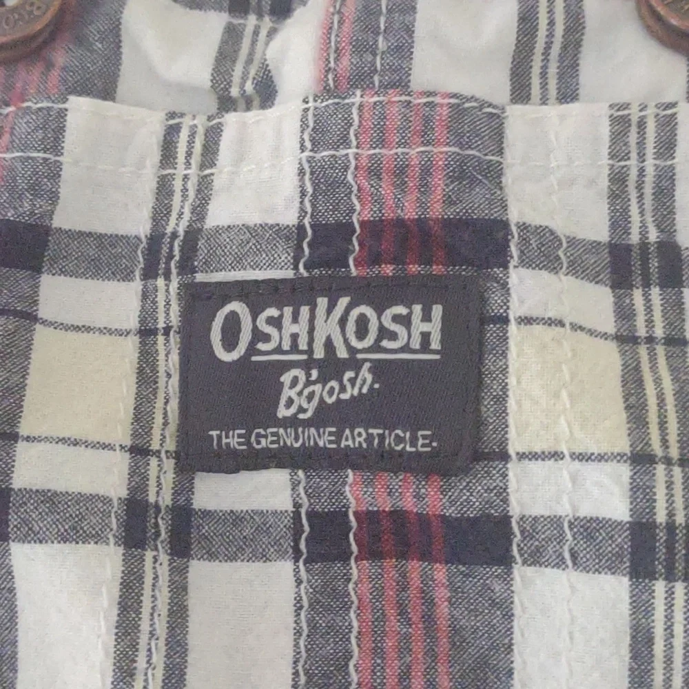 OshKosh B'gosh overalls short Baby 6 mo red/black plaid yellow‎ stripe pockets